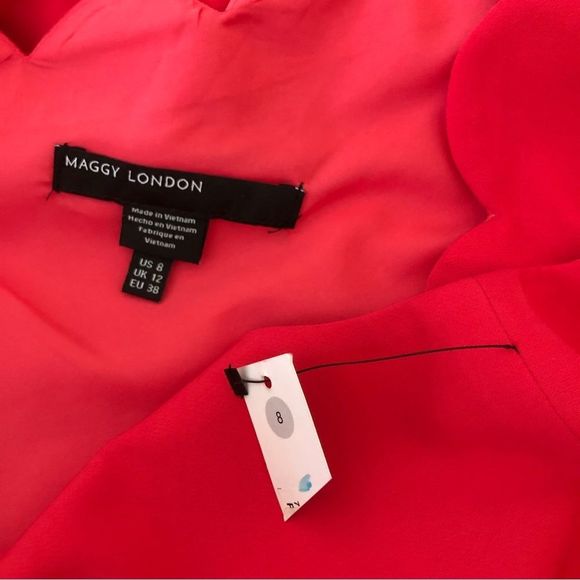 Maggy London Bright Coral Hot Pink Scallop Trim One Shoulder Sheath Dress size 8 - Picture 10 of 13